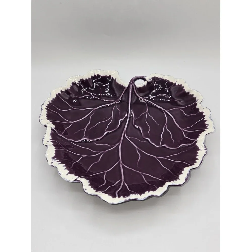 Majolica Cabbage Leaf Serving Bowl Purple Glazed Lobed Dish‎ Bordallo Style